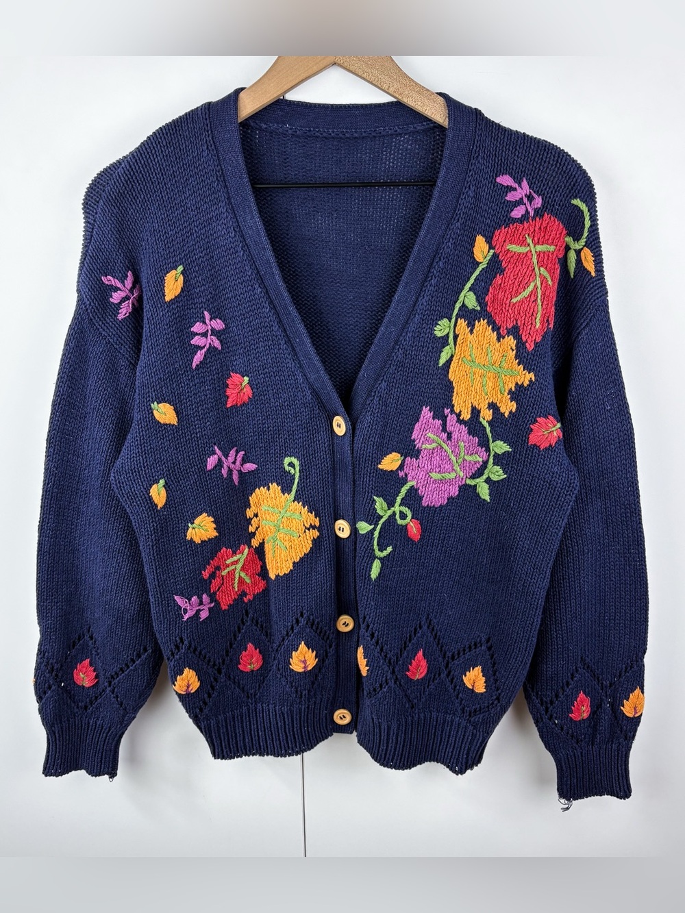 Vintage Autumn Fall Leaf Embroidered Button Front Cardigan Sweater Novelty Navy